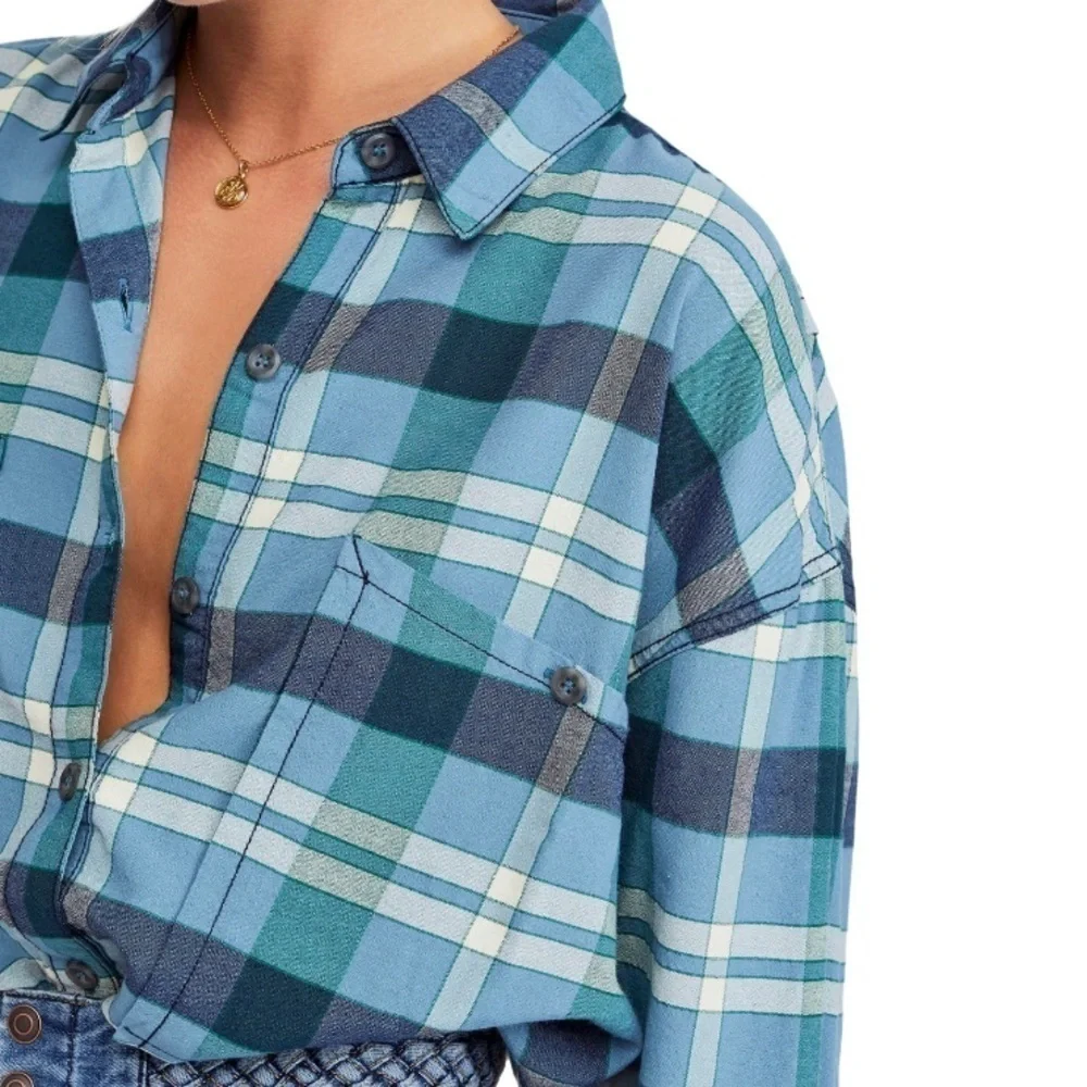 Free People Loveland Plaid Long Sleeve‎ Button Front Shirt Size XS